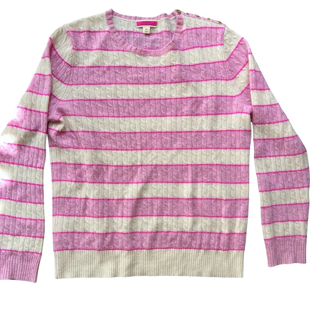J.Crew Cable-knit Cashmere Crewneck Sweater Pink White Stripe Shoulder Buttons M - Picture 2 of 8